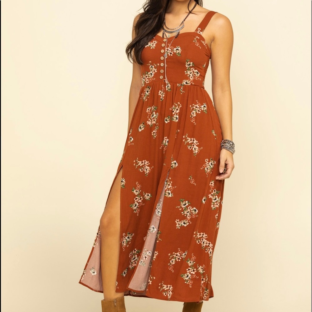 SHYANNE WOMEN'S BROWN FLORAL BUTTON SLIT MIDI DRESS